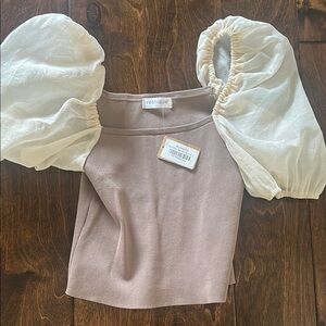 Women's Cream and Tan Puff Sleeve Top